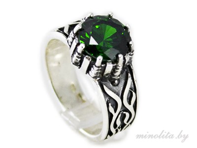 Серебряное кольцо женское с чернением, вставка камень зеленого цвета
